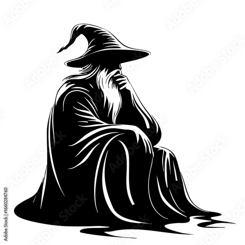 Mystical wizard in contemplation with flowing robes and pointed hat embodying ancient knowledge and magic