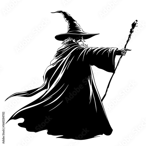 Wizard casting a spell with staff, wearing a pointed hat and flowing robe during a mystical moment in a fantasy setting
