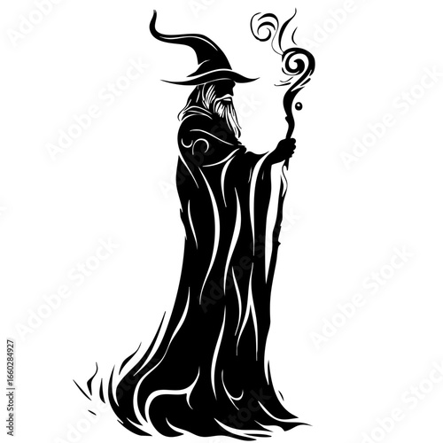 Powerful sorcerer with a mystical staff and flowing robes casting spells in a dark fantasy setting
