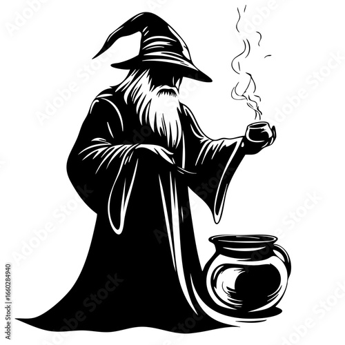 Mystical wizard casting a spell over a bubbling cauldron during a night of magic and enchantment