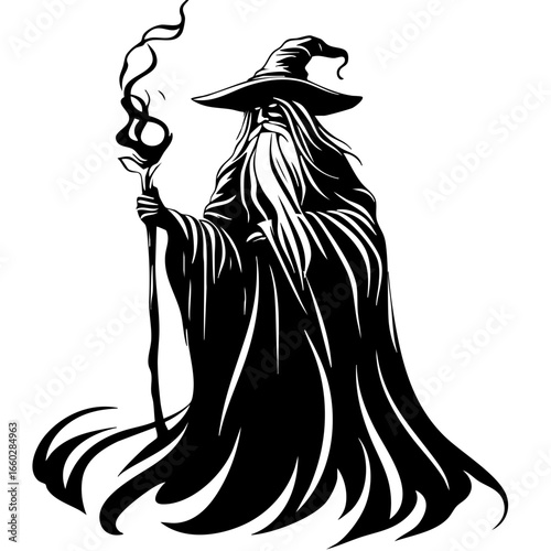 Dark sorcerer with flowing robes and magical staff casting an enchanting spell at twilight