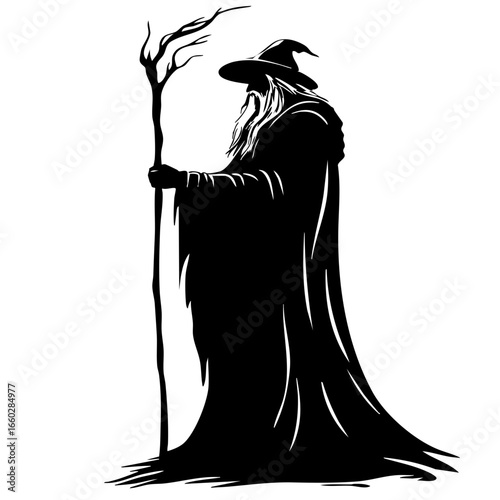 Mystical wizard figure holding a staff with flowing robes and long beard, representing an ancient magical presence in a fantasy realm