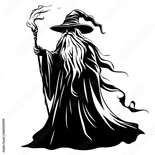 Wizard character standing with staff and flowing robes in an enchanting pose conveying magic and mystery