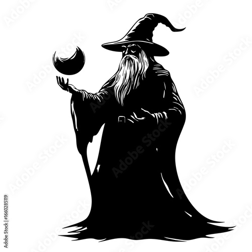 Mysterious wizard conjuring energy sphere in ancient fantasy realm during twilight