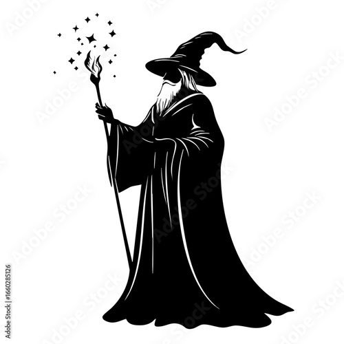 Mysterious wizard conjuring magic with a staff under a twinkling night sky
