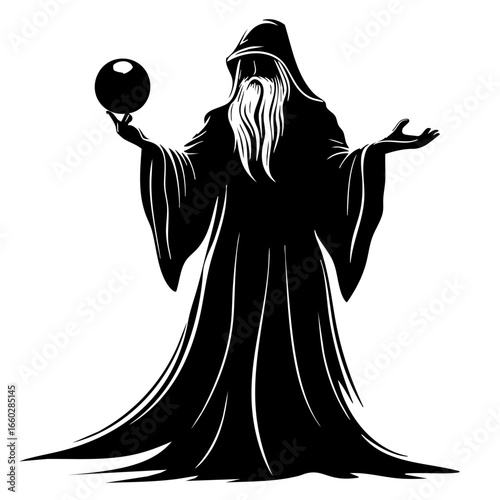 Mysterious figure in flowing robes holds a crystal ball, evoking a sense of ancient wisdom and magic in a captivating design