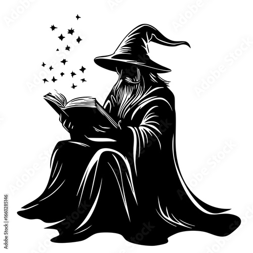 Wizard casting spells while reading an ancient book surrounded by glowing stars
