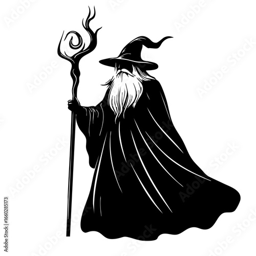 Mystical wizard figure holding a staff depicting magic and ancient power