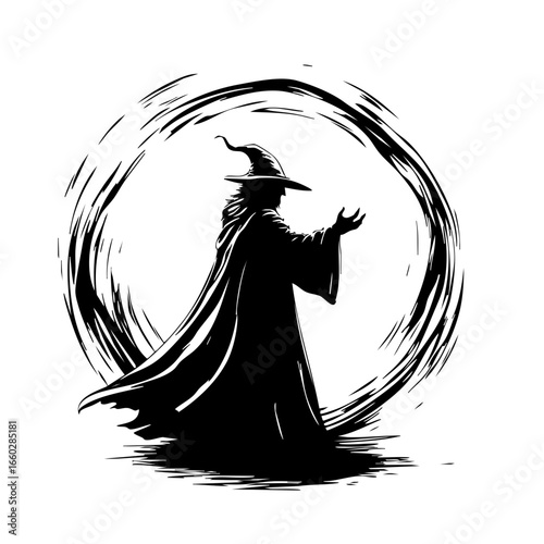 Mysterious wizard conjuring magic in swirling energy, casting spells at twilight with flowing robes and pointed hat