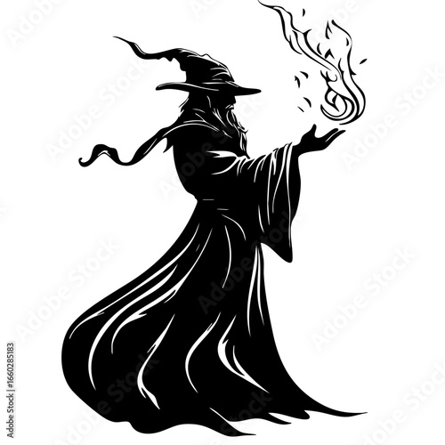 Wizard casting magic spell with flowing robes and mystical energy in a dark style illustration