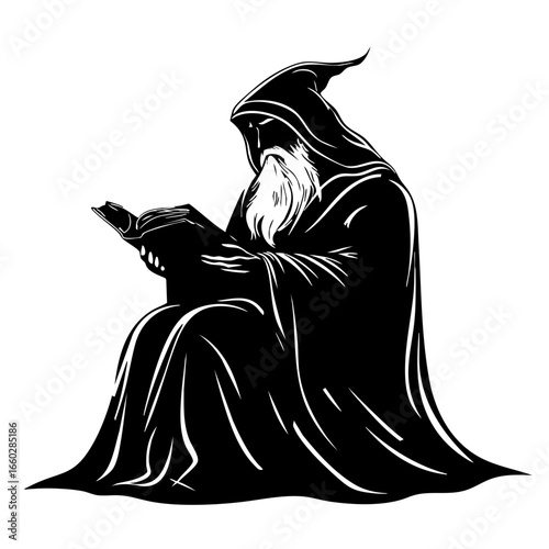 Mysterious figure in flowing robe reading an ancient book with visible details of wisdom and power