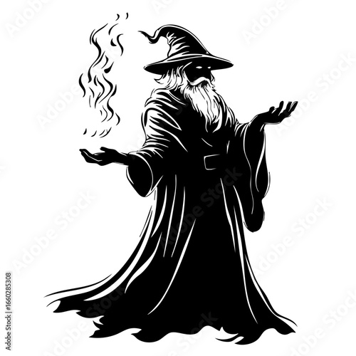 Mystical wizard conjuring magical smoke with outstretched hands in an enchanting atmosphere