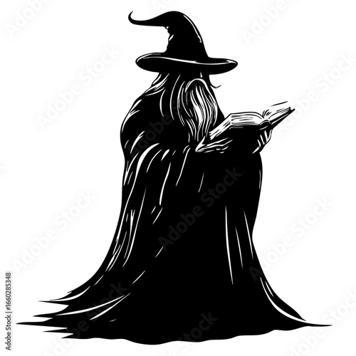 Wizard holding an ancient book, wearing a pointed hat and flowing cloak while immersing in magical knowledge