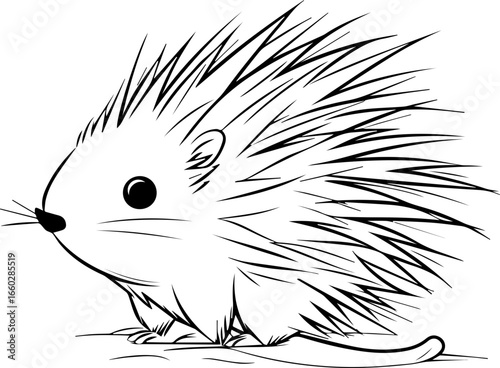 Playful hedgehog with quills sits adorably on ground in simple vector art style, showcasing its charming features and unique silhouette