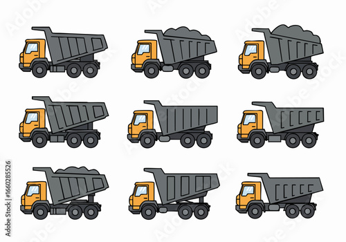 Illustrated Set of Heavy Duty Dump Trucks: Empty, Loaded, and Tipping States for Construction and Haulage Projects, Cartoon Vector Graphics