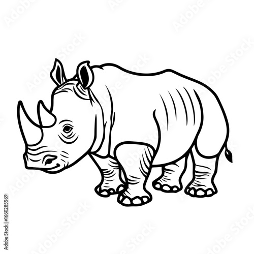 Rhinoceros standing confidently in a natural setting showcasing its muscular build and characteristic features with a strong demeanor