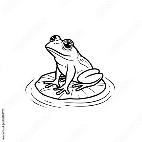 Frog sitting calmly on a lily pad in a serene pond during a bright summer day