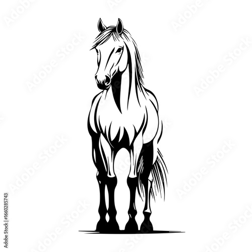 Elegant black vector of a standing horse showcasing strength and grace in a minimalist design ideal for various creative projects