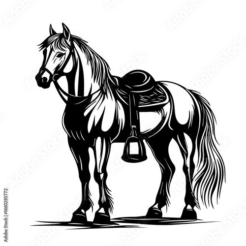 Elegant black vector of a standing horse with saddle and bridle showing detailed features and strong posture in a minimalist style
