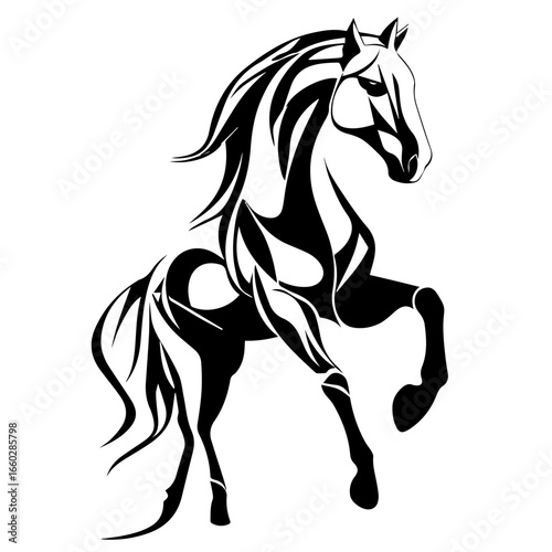 Elegant black vector of a rearing horse showcasing muscular structure and dynamic movement, ideal for artistic projects and design uses