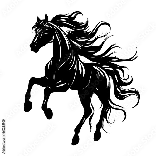 Majestic black horse with flowing mane rearing up in a dynamic pose showcasing strength and beauty