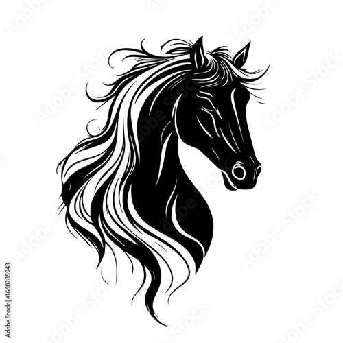 Majestic black horse head silhouette showcasing elegant mane flowing in artistic design