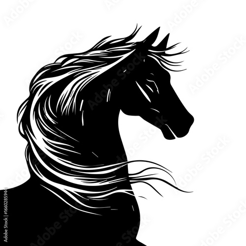 Illustration of a majestic horse head featuring flowing mane, representing elegance and strength in equine art