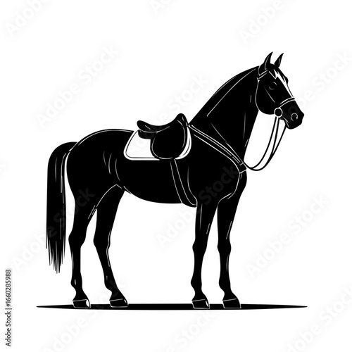 Elegant black horse standing with saddle and reins, showcasing beauty and strength in equestrian art