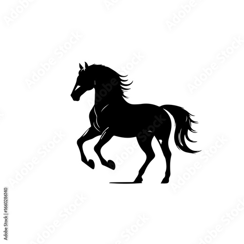 Running black horse silhouette in dynamic pose displaying grace and energy, showcasing nature's beauty and strength