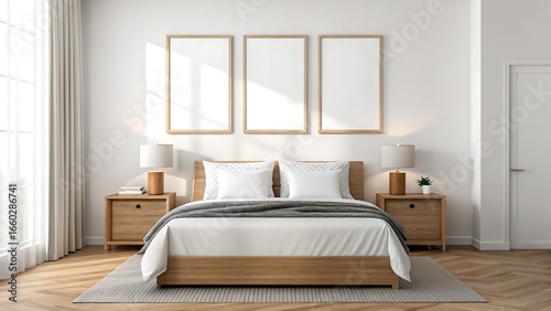 Bright modern bedroom interior with wooden bed, white bedding, gray blanket, decorative pillows, three empty frames above bed, bedside tables with lamps, cozy minimalist home decor apartment design
