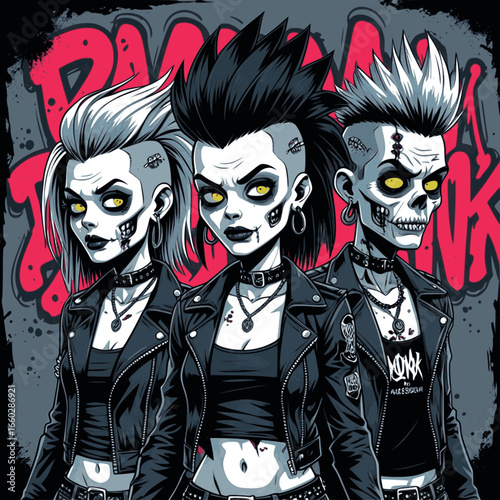Edgy zombie punk character illustration with mohawk hairstyle, queer alternative fashion, leather jacket, and graffiti background, perfect for streetwear t-shirt design, album cover, comic art, tattoo