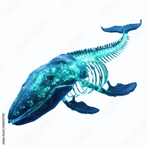 Glowing Wireframe Whale Skeleton Digital Anatomy