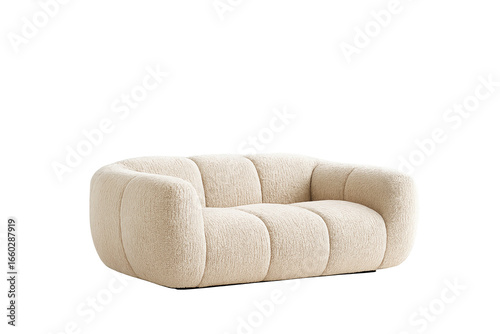 Modern beige boucle loveseat sofa with rounded plush design isolated on white background
