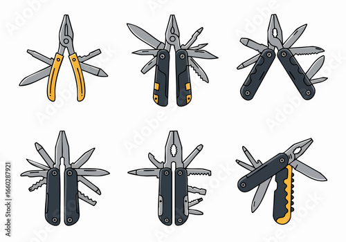 Set of cartoon multi-tool illustrations with various extended functions, showcasing versatile pliers, knives, and other tools for outdoor and utility needs.