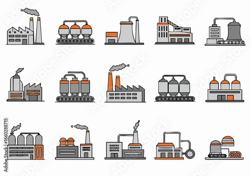 Flat Design Industrial Building Icons Collection: Factories, Plants, and Processing Facilities with Smokestacks and Silos, Representing Manufacturing and Energy