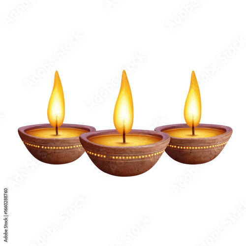 Three Lit Diya Lamps for Diwali Festival