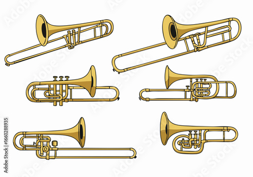 Cartoon Trombones and Brass Instruments Collection Illustrations Isolated on White Background for Music Education and Design Resources