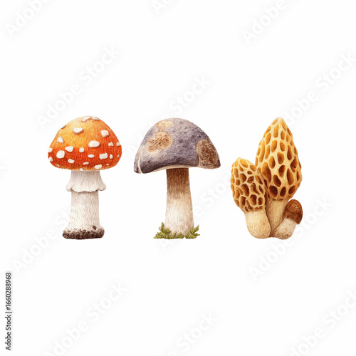Trio of Wild Mushrooms Fly Agaric, Cep, and Morel