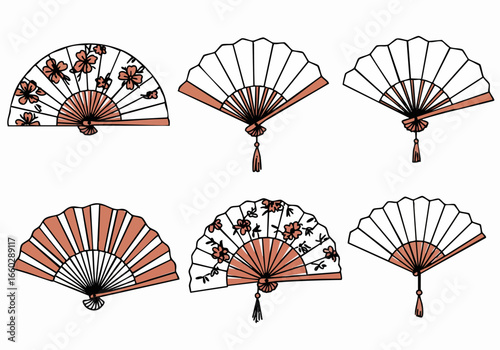 Hand-Drawn Collection of Traditional Japanese Folding Fans with Floral and Plain Designs, Doodle Style Art