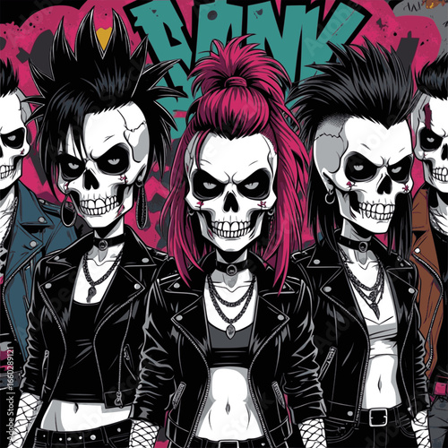 Edgy zombie punk character illustration with mohawk hairstyle, queer alternative fashion, leather jacket, and graffiti background, perfect for streetwear t-shirt design, album cover, comic art, tattoo