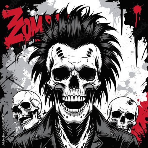 Colorful punk skull illustration with leather jacket and mohawk hairstyle, perfect for t-shirt design, tattoo art, streetwear branding, album cover, and edgy poster graphics
