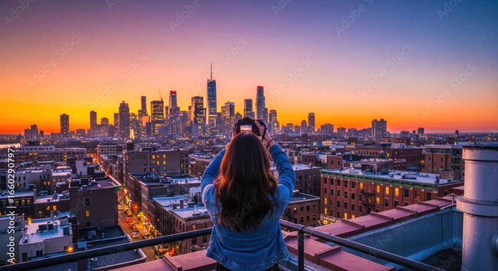 Obraz premium A woman taking a photo of a city skyline at sunset from a rooftop.