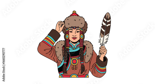 A beautiful woman in traditional Mongolian clothing with a fur hat and braids holding a large feather.