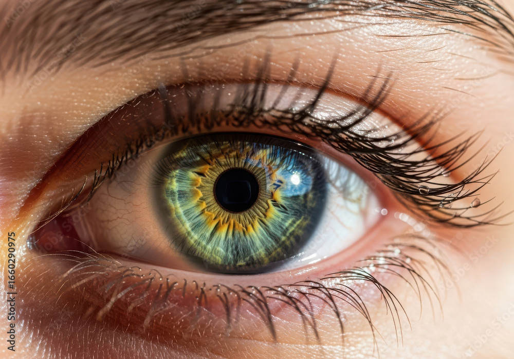 Fototapeta premium Close up of a vibrant green and yellow human eye with detailed iris