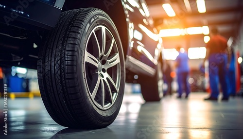 Close-up view of a car tire and wheel, positioned in a brightly lit auto repair shop.