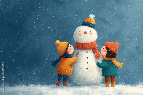 Children build snowman together in falling snow
