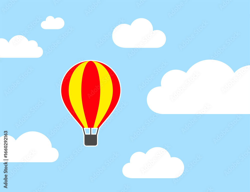 Obraz premium Illustration of a hot air balloon in the clouds. Symbol of travel, freedom or flight. Attribute of height, exploration or observation. Transport for an excursion. Raster.