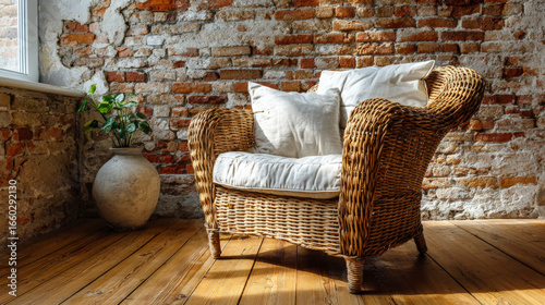 A cozy wicker armchair with cushions sits by a rustic brick wall and a plant, highlighting serene and stylish interior design.