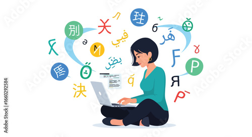 A female translator and linguist works on a laptop surrounded by multilingual characters and international language symbols.