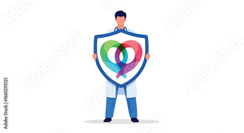 A male doctor in a white coat holds a large blue shield with a colorful heart logo.